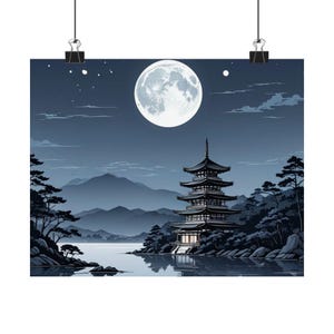 Serene Landscape Poster, Tranquil Home Décor, Asian Art Print, Moonlit Scene, Zen Wall Art, Perfect for Nature Lovers