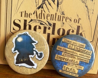 Sherlock Holmes Inspired Large 58mm Button Badges | Bookish Pins | Classic Literature Badges | Handmade Book Pins | Gift for Readers
