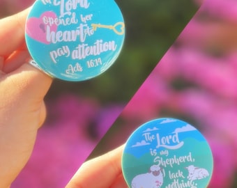 Christian Bible Verse Large 58mm Button Badges  | Scripture Pins | Psalms Badge | Perfect Christian Gift | Baptism Gift | Psalm 23 | Acts 16