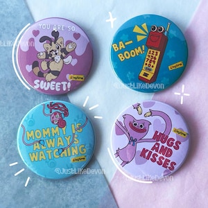 Poppy Playtime Inspired Large 58mm Button Badges | Cat-Bee, Ollie, Mommy Long Legs, and Kissy Missy Inspired | Horror Game Merch | Geek Gift