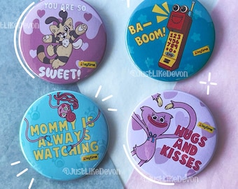 Poppy Playtime Inspired Large 58mm Button Badges | Cat-Bee, Ollie, Mommy Long Legs, and Kissy Missy Inspired | Horror Game Merch | Geek Gift