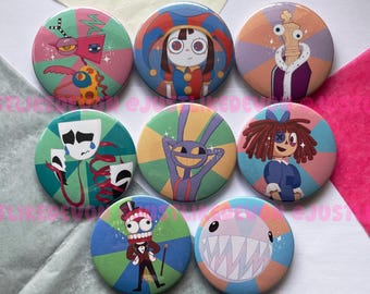The Amazing Digital Circus Inspired Large 58mm Button Badges | Jax, Zooble, Pomni, Ragatha, Caine, Gangle, Bubble Kinger Inspired