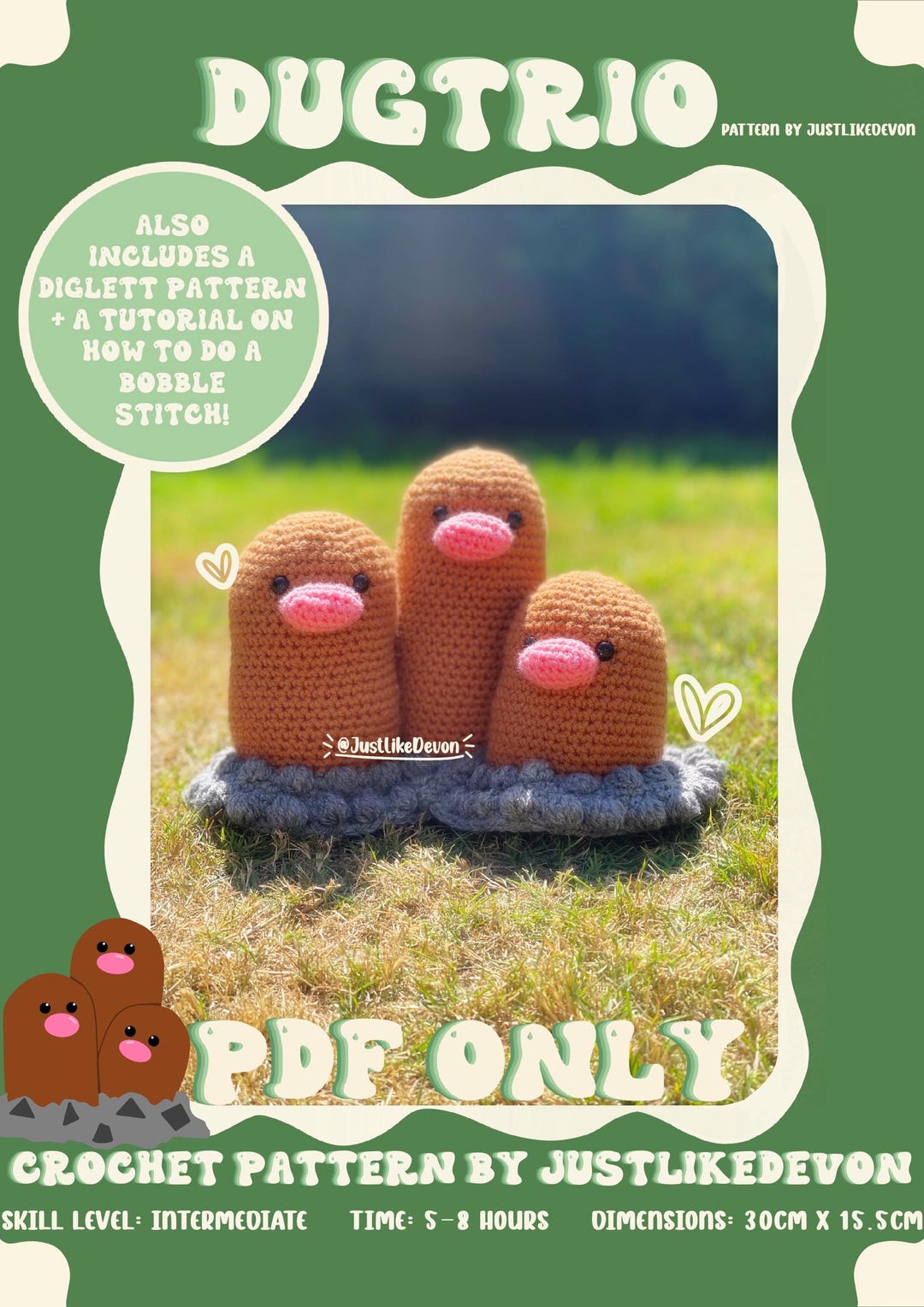 Dugtrio + Diglett PDF Amigurumi Pattern | Pokemon-inspired Crochet ...