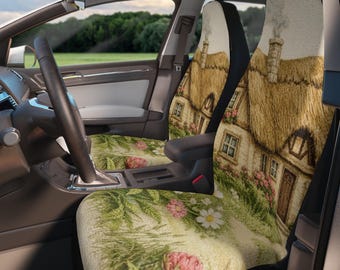 Decoración de coche estilo cottagecore: tela con estampado floral campestre para fundas de asientos.