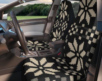 Fundas para asientos de coche con estampado tradicional en negro y crema, tapiz galés de Caernarfon.