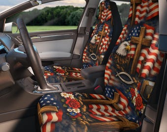 Cross and American Flag Fabric Patriotic Christian Design Car Seat Covers