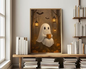 Cute Ghost Coffee Halloween Art Print, Autumn Forest Scene (Downloadable)