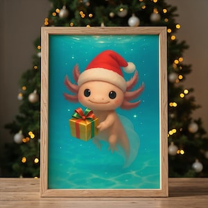 Christmas Axolotl Print: Kawaii Santa Hat Art (Digital Download)
