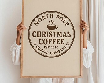 Christmas Coffee Poster, North Pole Print, Retro Christmas Print, Christmas Kitchen Print