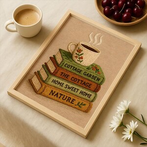May include: Embroidered artwork in a wooden frame showing a stack of books with titles including "Cottage Garden" and "Home Sweet Home." A coffee cup with floral details sits on the books. A cup of coffee and a bowl of cherries are also in the image.