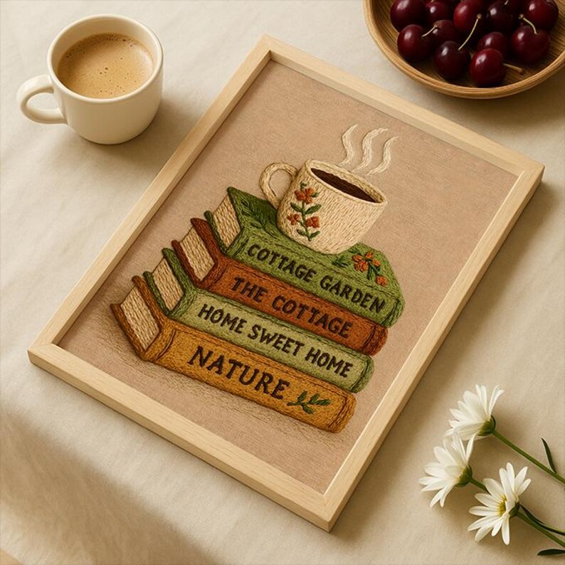 May include: Embroidered artwork in a wooden frame showing a stack of books with titles including "Cottage Garden" and "Home Sweet Home." A coffee cup with floral details sits on the books. A cup of coffee and a bowl of cherries are also in the image.