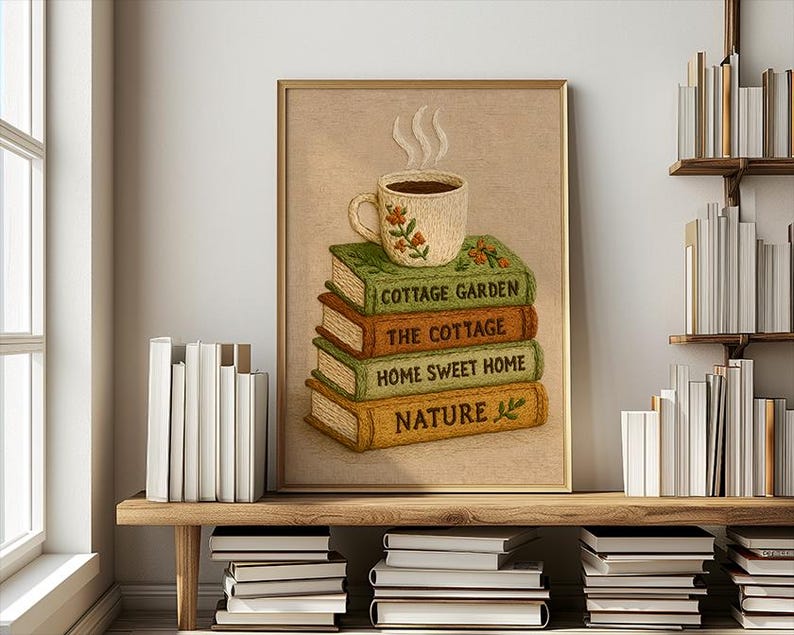 May include: A framed print depicting a stack of books with the titles "Cottage Garden," "The Cottage," "Home Sweet Home," and "Nature." A floral-decorated coffee cup with steam sits on top. The artwork has a warm, inviting colour palette.