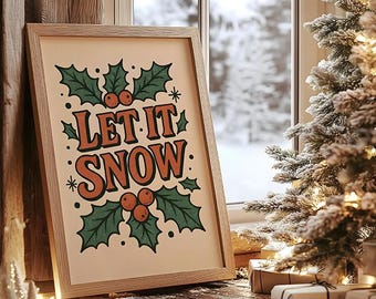 Retro Christmas Poster, Christmas Print, Let It Snow, Christmas Typography Print