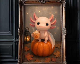 May include: A framed wall art print featuring a light pink axolotl sitting on a large orange pumpkin. The axolotl holds a small orange mug with a pumpkin icon, filled with a beverage topped with whipped cream. A lantern and fallen leaves are visible.