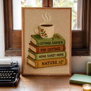 May include: A framed artwork showing a stack of embroidered books with the titles "Cottage Garden", "The Cottage", "Home Sweet Home", and "Nature". A cup of coffee with steam sits atop the books. The artwork is in a wooden frame.