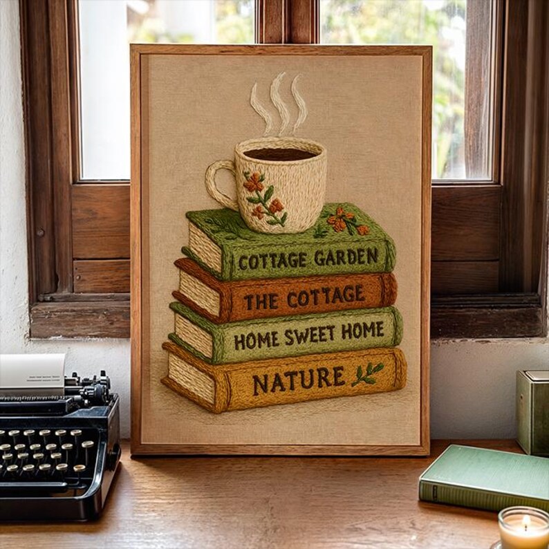 May include: A framed artwork showing a stack of embroidered books with the titles "Cottage Garden", "The Cottage", "Home Sweet Home", and "Nature". A cup of coffee with steam sits atop the books. The artwork is in a wooden frame.