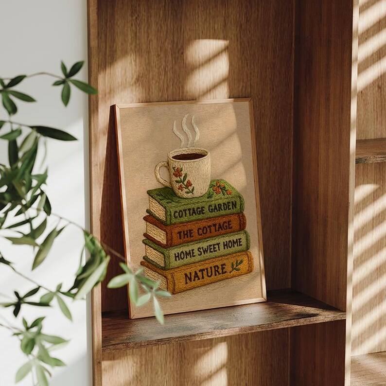 May include: A framed print depicting a stack of books with titles including "Cottage Garden" and "Home Sweet Home." A steaming coffee cup with floral designs rests on the books. The artwork has a warm, inviting aesthetic, suitable for home decor.