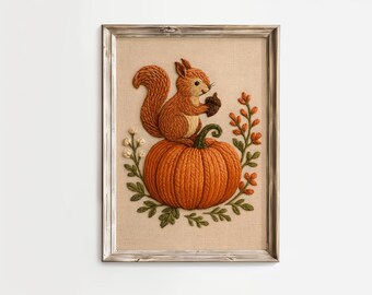 May include: Framed embroidery of a brown squirrel with an acorn, sitting on an orange pumpkin. The pumpkin is surrounded by green and orange foliage. The artwork is set against a beige background within a rustic wooden frame.