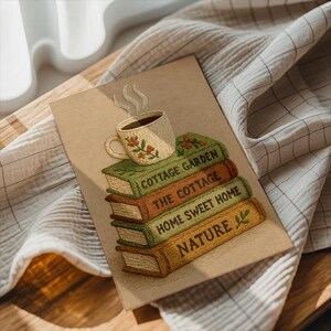 May include: An embroidered artwork in beige depicting a stack of books with titles including "Cottage Garden" and "Home Sweet Home." A cup of coffee with steam sits on top. The artwork rests on a wooden tray with a white and grey checked cloth.