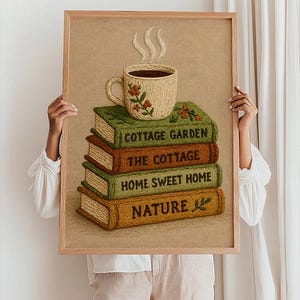 May include: A framed artwork depicting embroidered books with the titles "COTTAGE GARDEN", "THE COTTAGE", "HOME SWEET HOME", and "NATURE". A cup of coffee with steam sits on top. The artwork has a light brown background and a wooden frame.