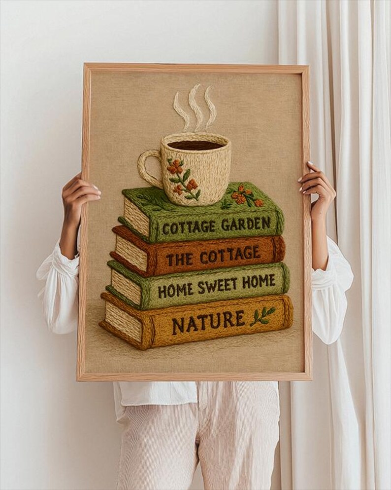 May include: A framed artwork depicting embroidered books with the titles "COTTAGE GARDEN", "THE COTTAGE", "HOME SWEET HOME", and "NATURE". A cup of coffee with steam sits on top. The artwork has a light brown background and a wooden frame.