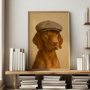Könnte beinhalten: Gerahmtes Porträt eines Vizsla-Hundes mit einer braunen Tweed-Newsboy-Mütze. Der Hund hat ein rotbraunes Fell und ist vor einem hellbraunen Hintergrund zentriert im Rahmen. Das Porträt wird auf einem Holzregal mit Büchern ausgestellt.