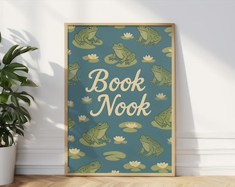 Reading Wall Art, Book Nook Wall Art, Kids Reading Poster, Frog Print, Cottagecore Wall Art
