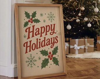 Retro kerstposter, kerstprint, fijne feestdagen