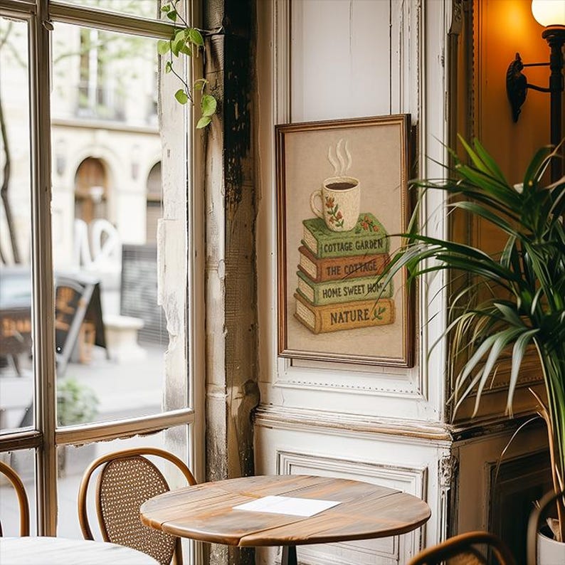 May include: A framed picture shows a coffee cup on a stack of books, with titles including "Cottage Garden" and "Home Sweet Home." The artwork hangs in a cafe, with a wooden table and a window overlooking a street scene. The overall aesthetic is warm and inviting.