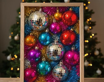 Maximalist 80s Christmas Poster, Retro Disco Bauble Wall Art (Digital Download)