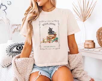 Witch Please I'm Reading Comfort Colors Tee: Black Cat Bookworm Shirt