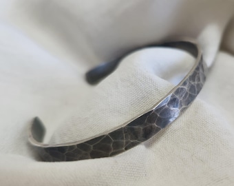 Hammered Silver Cuff Bracelet: Ocean Ripple Bangle, Adjustable Unisex Jewelry