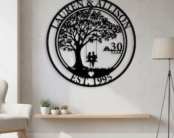 Gepersonaliseerde verjaardag muurbord, gepersonaliseerd familie muur verjaardag bord, metalen levensboom bord, paar boom schommel muur bord, aangepast bord