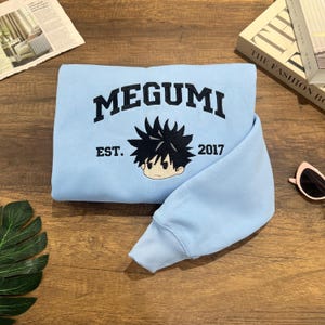 Megumi Anime Embroidered Sweatshirt - Blue JJK Crewneck - Cute Unisex Gift for Anime Fans - Aesthetic Cozy Manga Pullover - ESH363.B