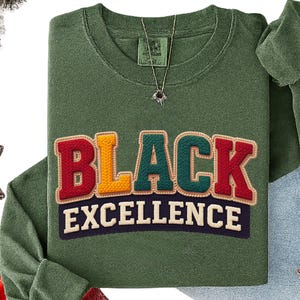 May include: Green sweatshirt with the words "BLACK EXCELLENCE" in a colorful, embroidered design. The sweatshirt is paired with blue jeans and a gold necklace. The overall theme is apparel.