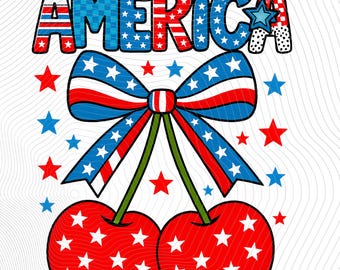 Preppy America Cherries PNG, 4th of july Woman png, Cherry Bow Png, Retro Usa Flag png, America Preppy Design png, Retro America Cherries