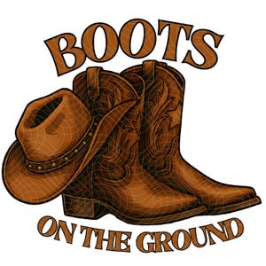 Op de afbeelding: Afbeelding van bruine cowboylaarzen en een bijpassende hoed. De laarzen hebben decoratieve stiksels en worden gecombineerd met een hoed. De woorden "BOOTS ON THE GROUND" zijn geschreven in bruine, gestileerde tekst.