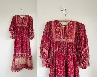 vintage 1970s Indian cotton gauze block print dress