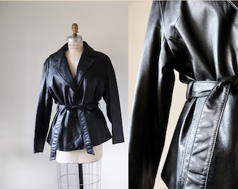 vintage black leather belted blazer