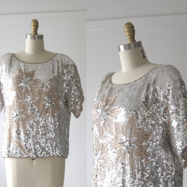 vintage sequins top / silver and rose stars