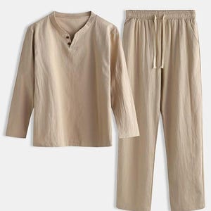 Men's Beige Linen Kaftan Set - Handmade Tunic & Pants - Linen Co-ord - Loungewear Shirt Trousers