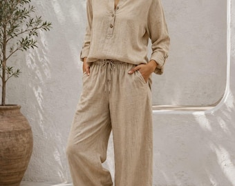 Women's Beige Linen Co-Ord Set / Henley Top & Wide Leg Pants / 2 Piece Summer Outfit