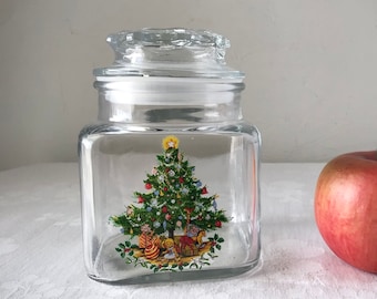 Vintage Christmas Tree Glass Jar, Anchor Hocking Holiday Canister