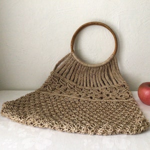 Macrame Jute Purse, Boho Wooden Ring Handles, Vintage Tan Tote Bag