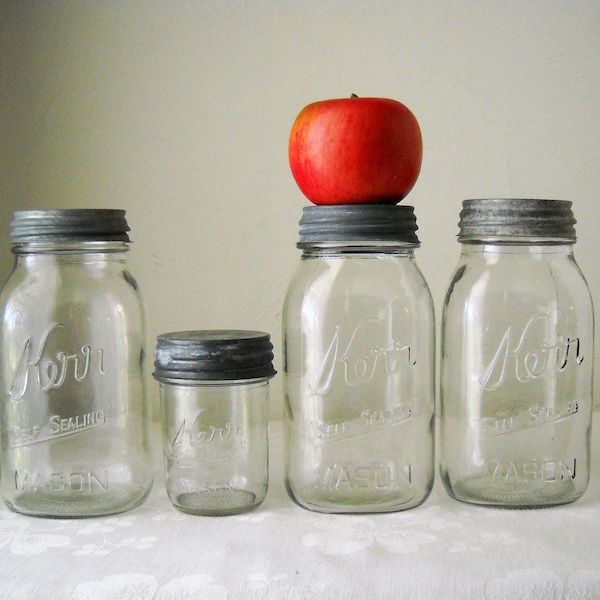 vintage canning jars, zinc metal lids, Kerr mason fruit bottles