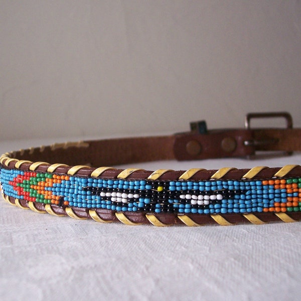 vintage leather belt with thunderbird bead design - souvenir