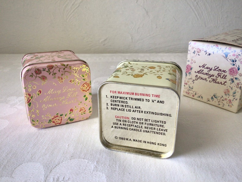 Square rose pastel floral tins, small, scented candles, vintage English boxed set Bild 5