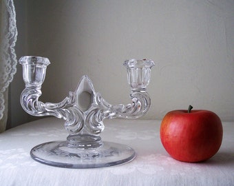 Double candleholder, vintage Martinsville Glass, Meadow Wreath etching, two arm