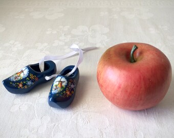 Tiny blue wooden clogs, Dutch Swedish shoes, painted wood