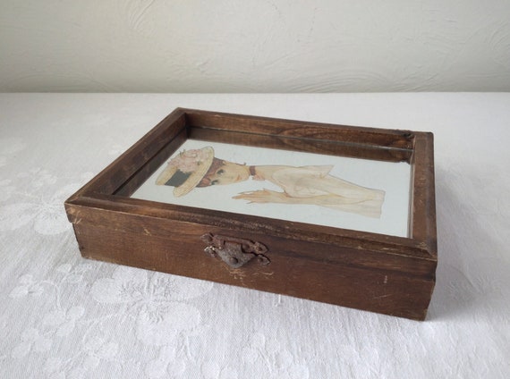 Midcentury jewelry box, wooden mirrored key case,… - image 9